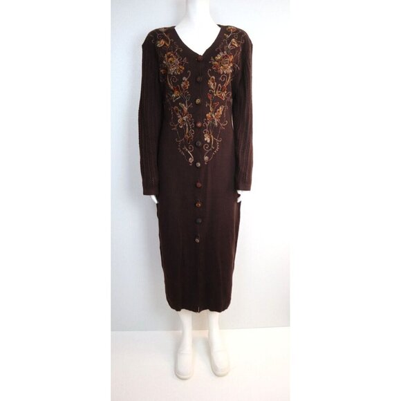 Vintage Carole Little Sweater Dress Floral Embroidery Button Front Brown Midi M - Picture 1 of 9